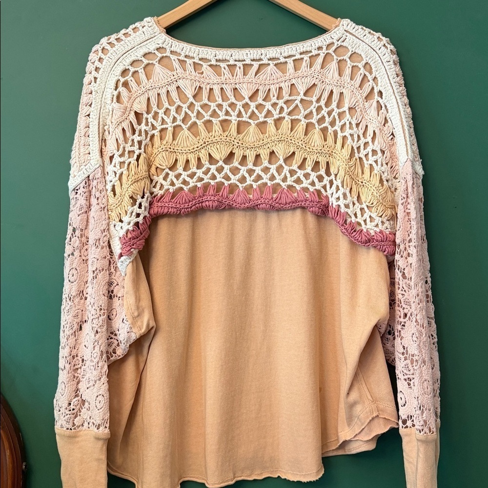 Free People Brown Sugar Combo High Hopes Lace Sleeve XS Crochet Top - Picture 5 of 7